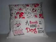 Red and Black Dog by my side Reading Pillow with book pocket.
