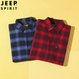 JEEP SPIRIT秋冬男士襯衫磨毛格子純棉長袖襯衣寬松加大碼打底衫