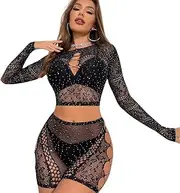 [Blnboimrun] Women's Black Rhinestone Mesh 2-Piece Set - Sequin Crop Top & High-Waist Shorts Clubwear Outfit, Black, One Size
