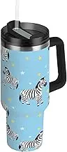 RPLIFE Playful Zebras Light Blue Tumbler with Handle and Straw 40 Oz, Stainless Steel Insulated Coffee Tumbler for Men Women Travel