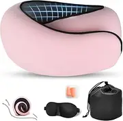 Travel Neck Pillow 100% Pure Memory Foam Neck Pillow, Comfortable & Breathable Cover, Machine Washable, Airplane Travel Kit with 3D Contoured Eye Masks, Earplugs and Luxury Bag (Pink)