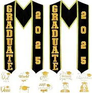 [LACGO] Graduation Stoles, Unisex Adult Plain Graduation Stole, 2025 Grad Shawl Strap with DIY Iron on Letter Number Graduation Pattern Patch, 70’’ Long(2 Pcs Black), Black