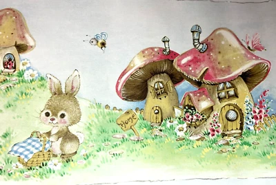 2 VTG Rolls Pre-Pasted Bunny Mushroom-House Wallpaper Border 7" x 33' Total