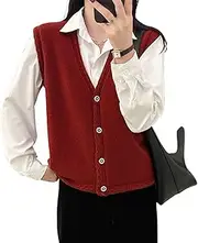 [Generic] Ladies Sweater Vest, Sleeveless Cardigans for Women with Button Down, Plain Knit Sweater Vests Pullover Wastcoats(Red,Medium)
