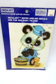 Vintage Meyercord Sailor Fishing Panda Bear Large Decal Art 0502 NOS