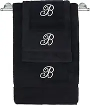 [Bare Cotton] Monogrammed Towel Set, Personalized Gift, Set of 3- White Script Letter Embroidered Towel - Extra Absorbent 100% Turkish Cotton - Soft Terry Finish - Initial B Black
