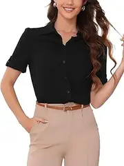 [Allegra K] Women's Button Down Shirt Casual Short Sleeve Turn-Down Collar Casual Work Blouse