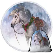 Snowy Christmas with White Horse Round Beach Towel
