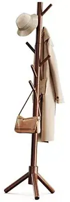Sturdy Wooden Coat Tree with 8 Hooks, 3 Adjustable Sizes for Clothes, Brown