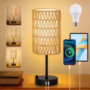 Clora Bedside lamp Touch Control Ratten Table Light Boho Nightstand USB Charging