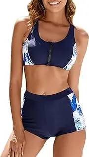 [JadeRich] Women's Two Piece Sports Bikini Set Athletic Zip Front Swimsuit Racerback Crop Top & Boy Shorts Swimwear