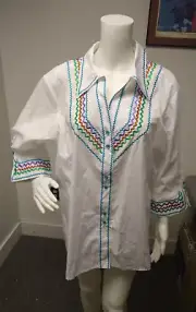 NWT Bob Mackie XL (1X) Shirt Top Rick Rack Embroidered Button Front 3/4 Sleeve