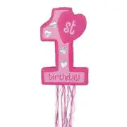 Pink First 1st Birthday Pull String Pinata Pinyata Pinyarta Party Game 55cm