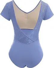 [AFAVOM] Dance Leotards for Women Short Sleeve Lace Ballet Leotards Mesh Lace Wrap V-backless Bodysuit Gymnastics Leotards Tops