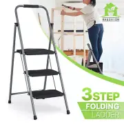 Iron Portable 3 Step Folding Ladder Black[SAFTY BUCKLE LOCK]w/Anti-Slip Pedal