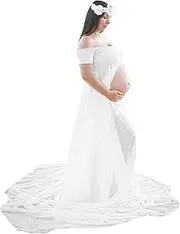 [Generic] Maternity Dresses for Photography Floral Chiffon Front Split Long Maxi Pregnant Dress for Photoshoot Off Shoulder Long Maternity Dress