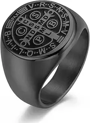 [TYMONT] St Benedict Cross Signet Ring,Men's Stainless Steel Christian Amulet Ring