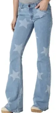Wrangler Retro Mae Mid Rise Flare Star Denim Blue Jeans Logo Patch 33 X 34