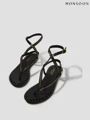 Monsoon Black Cleo Stud Leather Strappy Flip Flop Sandals (F83226) | $104