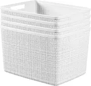 [Curver] Set of 4 Jute Large Decorative Plastic Organization and Storage Baskets Perfect Bins for Home Office, Closet Shelves, Kitchen Pantry and All Bedroom Essentials, White, 4