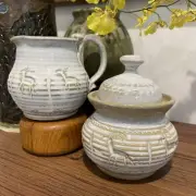 Signed Studio Art Pottery Lidded Sugar Bowl And Creamer - Etched Animals
