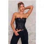 Black Textured Sheer Floral Lace Corset, Black