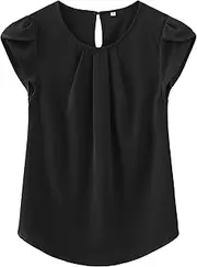 [TASAMO] Women's Casual Round Neck Basic Pleated Top Cap Sleeve Curved Keyhole Back Chiffon Blouse