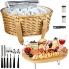 Wicker Picnic Basket Set for 2 with Mini Folding Wine Picnic Table & Large In...