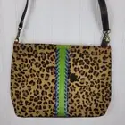 NWT FOLKLORE COUTURE Leopard Furry w/Lime and Blue Stripe Shoulder Bag
