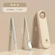 Stainless Steel Chopsticks / Spoon / Fork / Case / Set Set Of 3 - Chopsticks & Spoon & Case - Silver & Almond - One Size