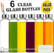 Brieftons Glass Water Bottles With Caps: Clear, 6 Pack, 18 Oz, Leakproof Lids, Premium Soda Lime, Best As Reusable Drinking Bottle, Sauce Jar, Juice Beverage Container, Kefir Kit, With Cleaning Brush