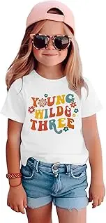 [GLIGLITTR] Young Wild and Three Birthday Girls Shirt 3rd Birthday Outfit 3 Year Old Girls Third B-Day Party Tshirt Tops
