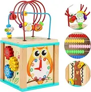 TOWO Wooden Activity Cube Bead Maze – 5-in-1 Roller Coaster, Abacus, Gears, Clock, Zigzag Slide – Montessori Educational Toy for 1-Year-Olds