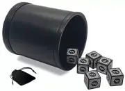 (6) 16mm Numbered Dice Black White + PU Leather Black Felt Lined Dice Cup
