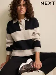Neutral/Black Stripe Soft Touch Cosy Collared Button Down Polo Sweatshirt (N77967) | $64