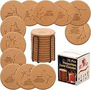 12 Pcs Horoscope Cork Coaster with Holder for Drinks Absorbent for Coffee Table Wooden Coaster Set Tabletop Protection Cup Mat Bar Kitchen Living Room House Home Decor Housewarming Gift