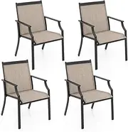 Costway 4 Piece Patio Dining Chairs, Large Outdoor Chairs w/Breathable Seat & Metal Frame, Ergonomic Back & Armrests, High Backrest Armchairs for Porch, Backyard, Lawn (Brown)