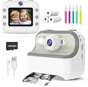 Instant Print Camera for Kids, Christmas Birthday Gifts for Girls Boys, HD Dual Digital Video Cameras for Kids, Portable Toy for 4 5 6 7 8 9 10 Year Old Girl with 3 Rolls Paper and 32GB SD Card-White