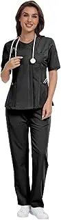[Ninsam] Scrubs Set for Women, Round Neck Contrast Pockets Scrub Top Straight Leg Pants, 4-Way Stretch Medical Scrub