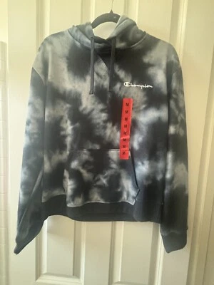 Champion Women’s Hoodie Medium Black Grey Tie Dye Pullover Sweatshirt NEW W TAGS