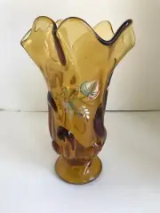 Rare BEAUTIFUL FENTON RUFFLED VASE Brown Flowers Glass HANDPAINTED BY J.
