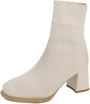 [ZJWBB] Women's Glove Chunky Mid Heel Ankle Boots Pointed Toe Knit Sock Style Booties Heeled Slip On Ankle Boot Fall Womens Boots
