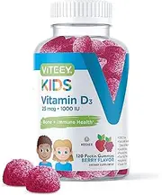 [120 Count] Vitamin D3 Gummies 25mcg 1000 IU Formulated for Kids - Bone Health, Immune Health, Joint Muscle Support - Dietary Supplement, Gelatin Free, Pectin Based - Berry Flavors Chewable Gummy