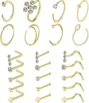 [Uwiyo] Pack of 23 Nose Piercings, 20G 316L Stainless Steel Silver Gold Nose Stud Nose Ring L/Screw/Straight Shape Nose Piercing with Zirconia Nose Nostril Piercing Plug for Women Men