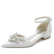 Women's White Satin Flats with Rhinestone Floral Design – Elegant Pointed-Toe Wedding or Evening Shoes