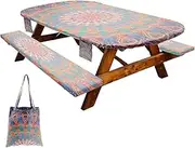Rectangle Table Cover with Bench Cover,Waterproof Versatile Picnic Tablecloth Set with Handheld Storage Bag,for Outdoor Camping,Garden Party,3 Styles (Bohemian Style)