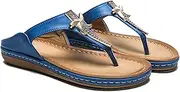 [XUEMML] Women's Flip Flops Thong T-Bar Strap Flats Summer Elastic， Ladies Leather Open Toe Sandals，Bohemian Beach Summer Shoes (Color : Blue, Size : 42EU)