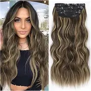 Saisifen Clips in Hair Extensions Long Wavy Synthetic Hair 20 Inch 4Pcs Hair Hairpieces Wave Clip on Double Weft for Women (20 Inches, Dark Brown Mixed Honey Blonde)