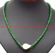 Faceted 2x4mm Green Jade Rondelle Gems Beads White Baroque Pearl Necklace 20"