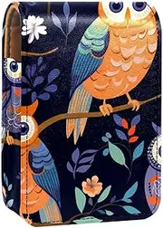 Lipstick Case,Leather Lip Gloss Lipstick Organizer with Mirror,Mini Lipstick Holder Bag,Cartoon Owl Flower